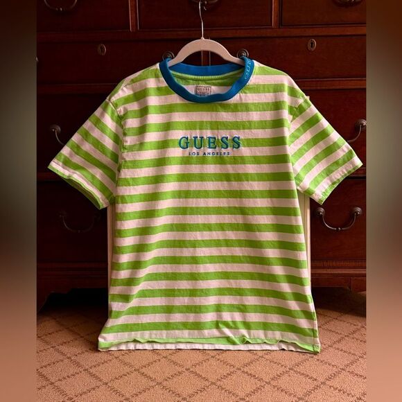 GUESS Loos Angeles green and blue striped thshirt NWOT M - Picture 1 of 9